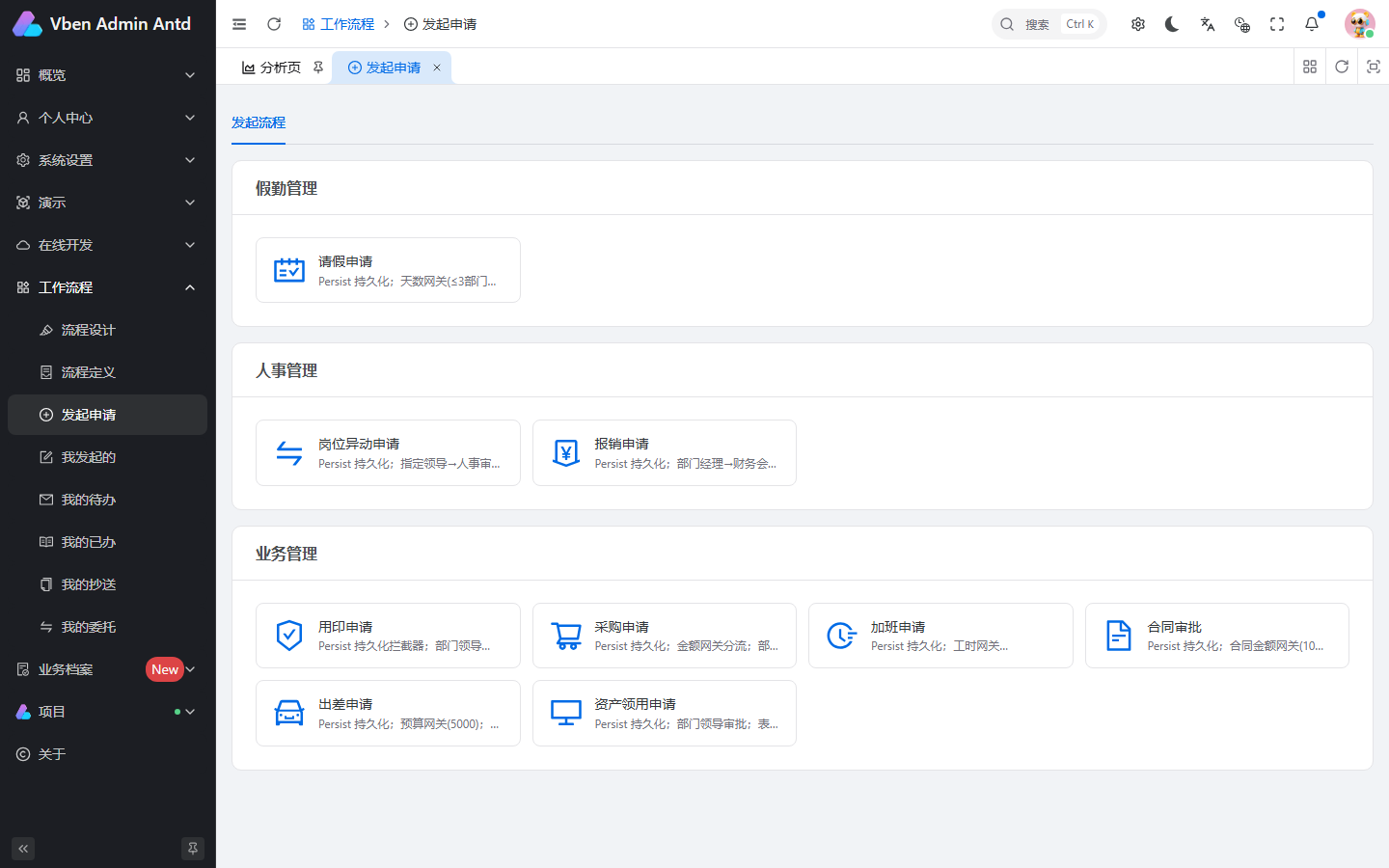 发起申请：按流程分类分组的卡片