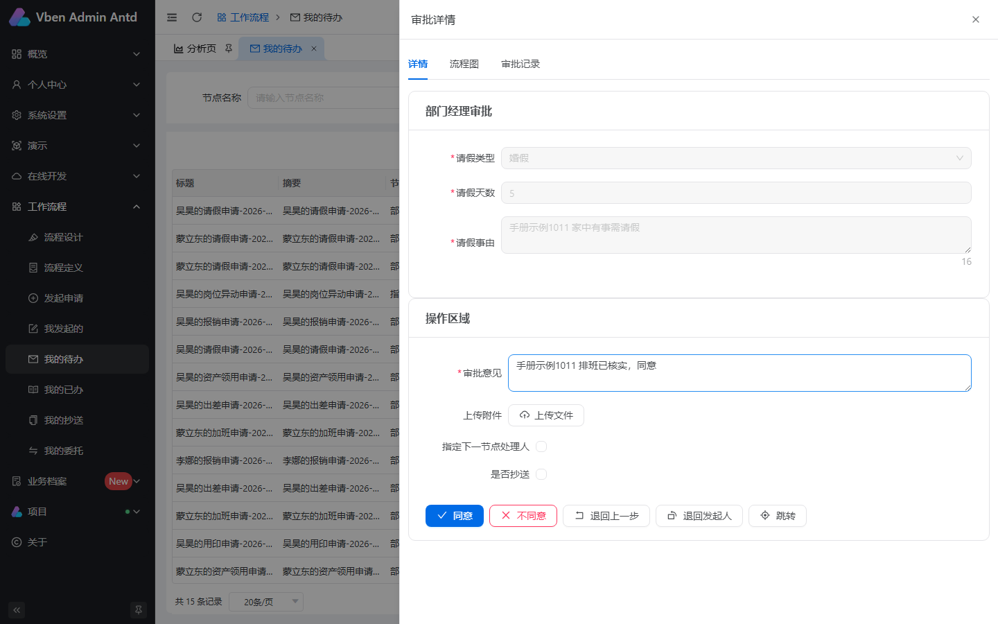 办理弹窗：审批意见、附件、指定下一节点处理人、是否抄送、底部操作按钮